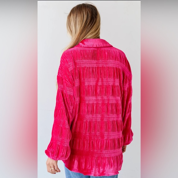 OVERSIZED Bibi Fuscia Velvet button down shirt with tiered shirring - size small - Picture 5 of 12